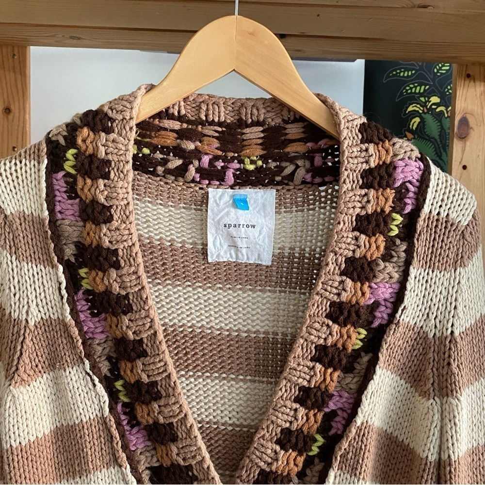 Anthropologie Sparrow Tan Stripe Hopi Basketweave Knit Cardigan Sweater Small - Picture 6 of 15